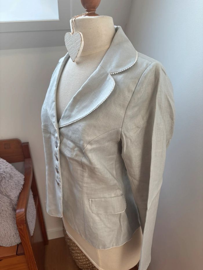 🤍 Sublime blazer en lin - gris détails blancs - T40 - photo numéro 6
