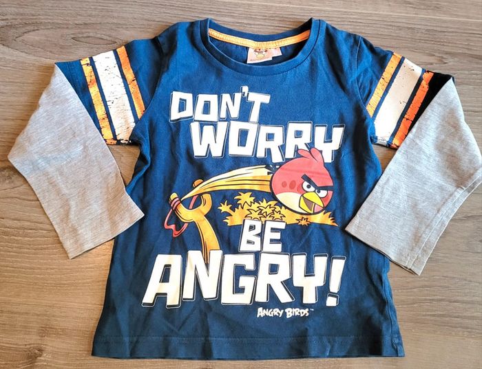 Tee-shirt bleu gris ML Angry Birds 4 ans