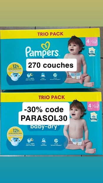 270 couches taille 4 Pampers baby dry