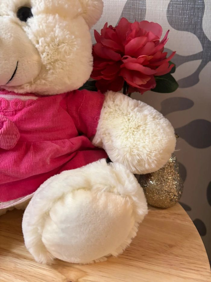 🌺Peluche ours blanc crème avec robe et noeud papillon rose🌺 - photo numéro 4