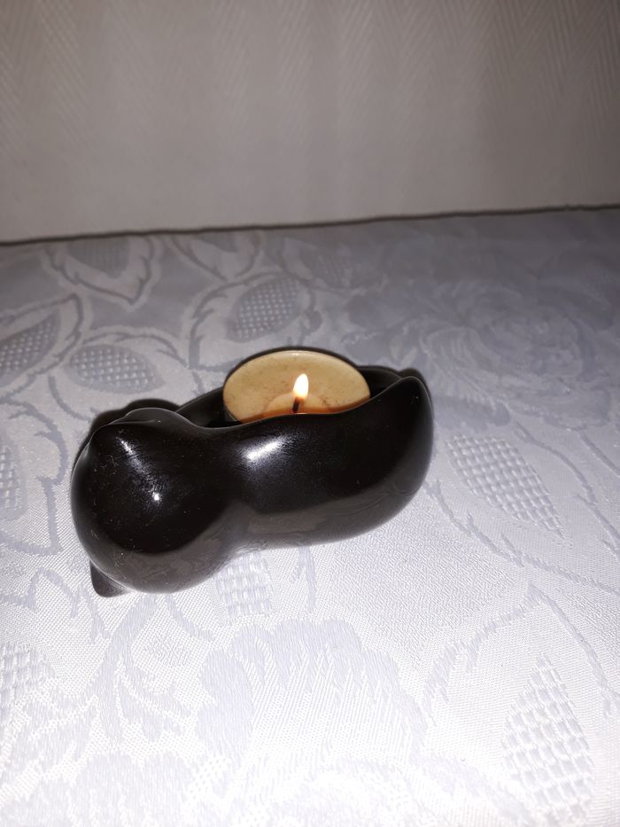 Faby27800 Porte bougie "Partylite" Chaton dormeur en céramique noire pour bougies réchaud - photo numéro 3