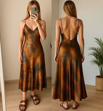 Robe longue satinée imprimé café – élégante et dos nu – taille 34/36