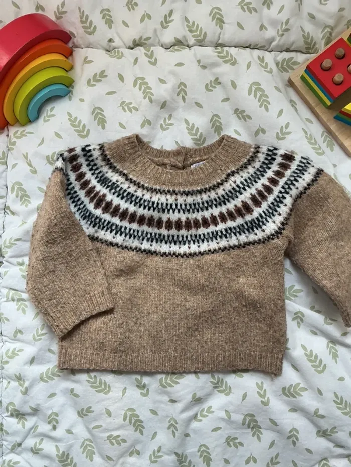 pull chaud beige à motifs 12 mois bout'chou - photo numéro 3