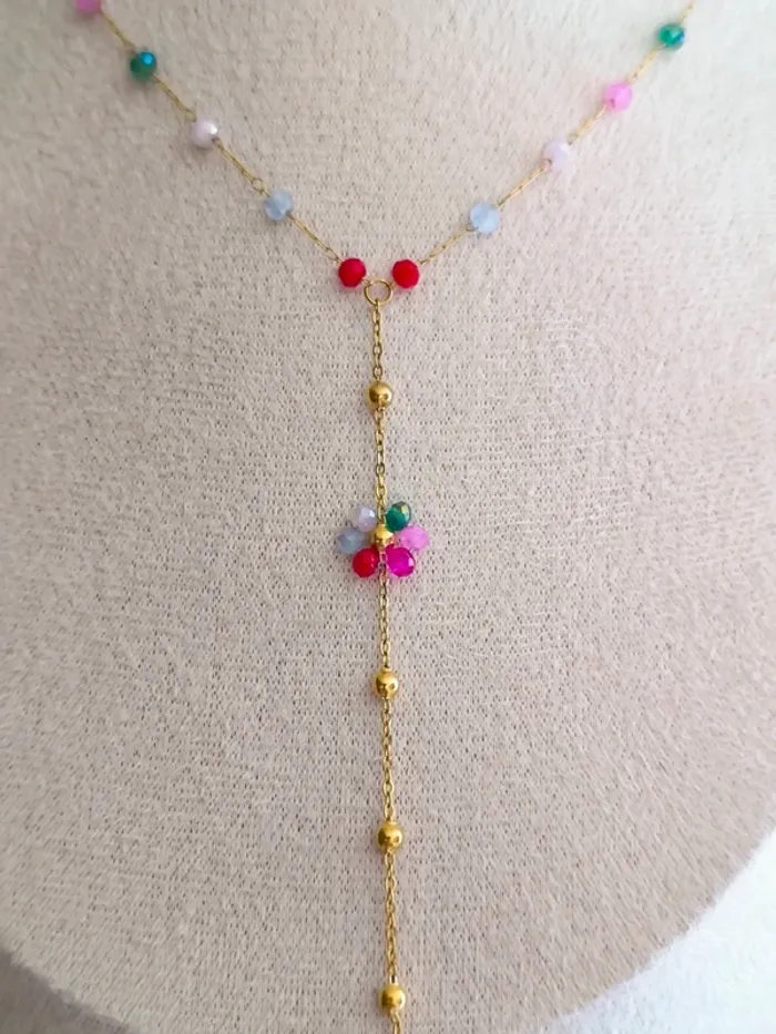 Pendentif doré en Y avec fleur marguerite et perles multicolores - photo numéro 3
