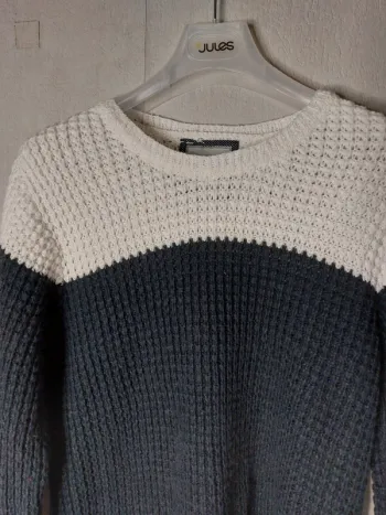 Pull marin épais blanc et bleu "Elle est où la mer"