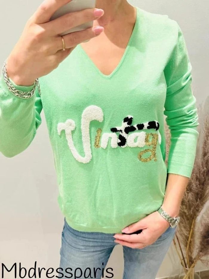 💐 Joli Pull femme col V vintage vert TU 36/40 à sequins