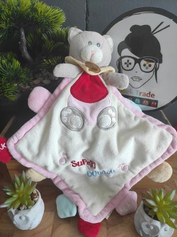 Doudou Chat Super Doudou Baby Nat' Gris Rose  plat mouchoir  #geektradedoudou
