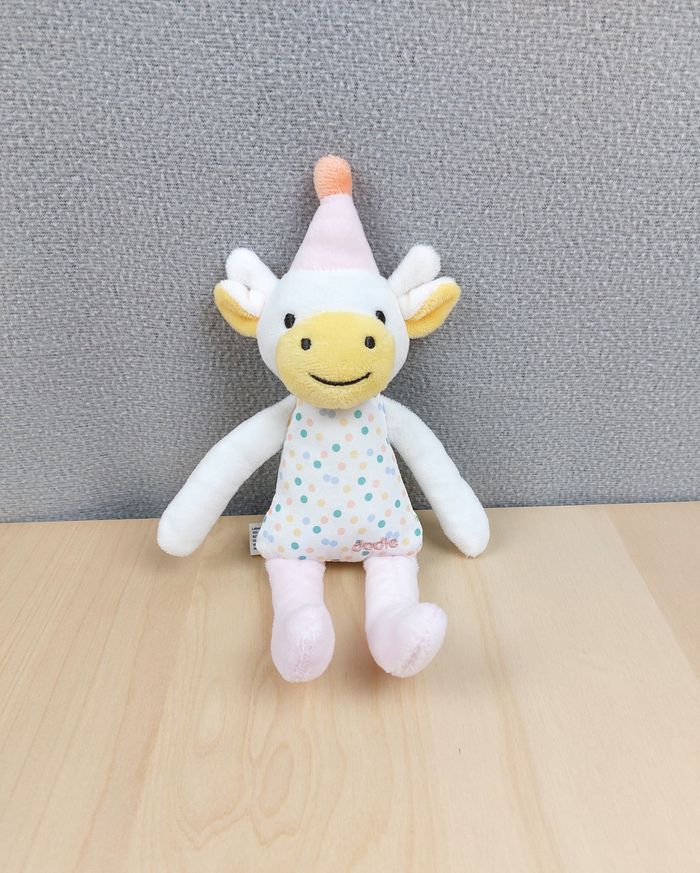 Doudou peluche vache DODIE 26 cm blanc rose jaune chapeau et corps tissu à pois