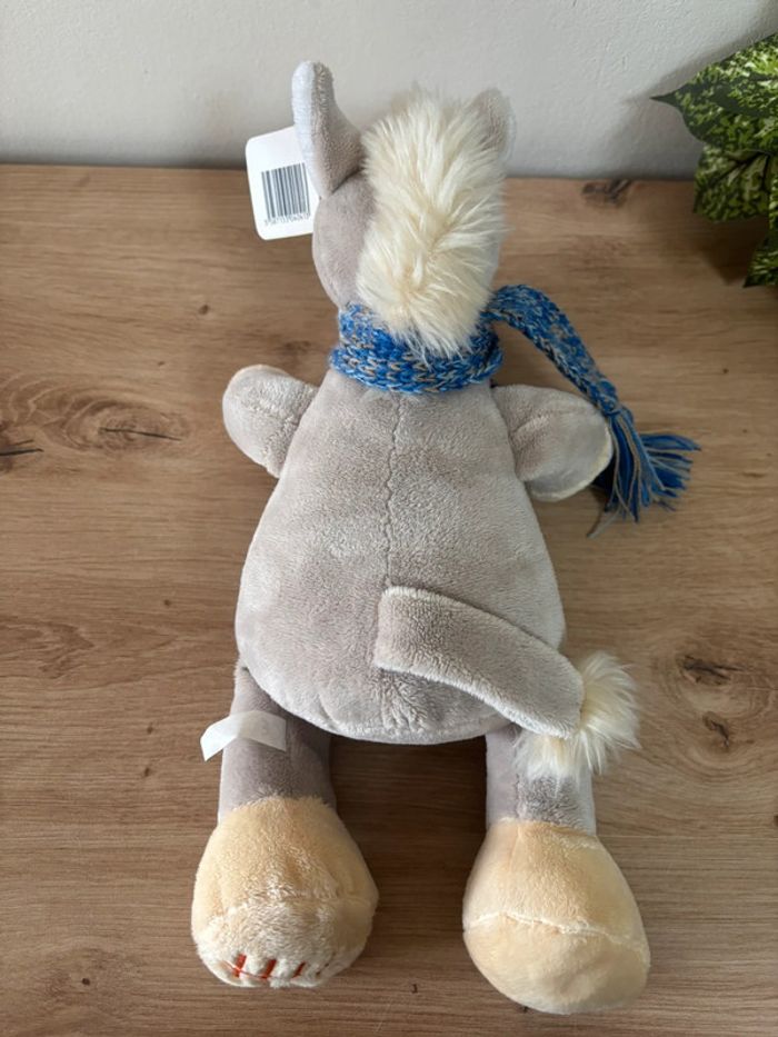 Neuf doudou peluche cheval gris beige écharpe bleu maxita - photo numéro 3