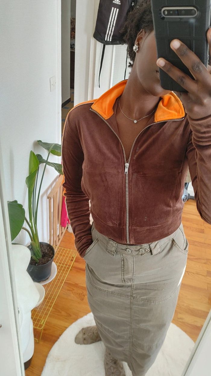 Sweat-shirt velours col au zip poche latéral manches longues crop top - photo numéro 6