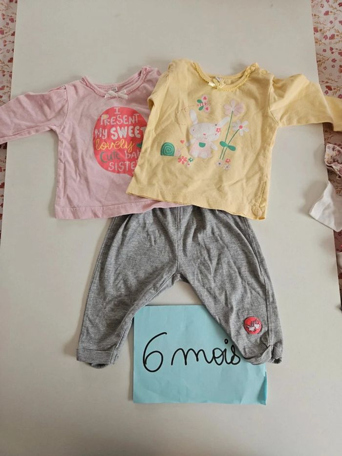 lot pantalon fille gris taille 6 mois + 2 pull manche rose et jaune