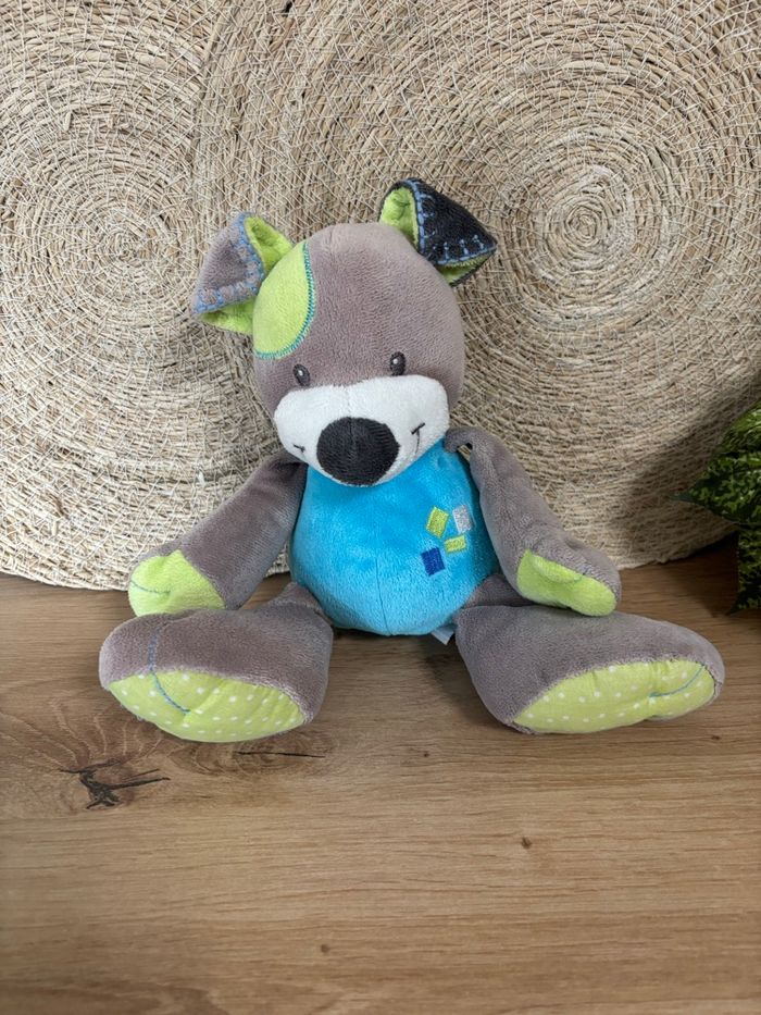 Doudou chien gris bleu vert Manon et Valentin doukidou