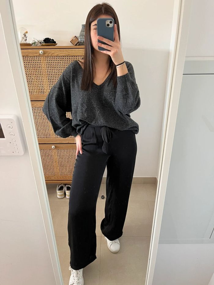Pull gris col V en laine et alpaga American Vintage