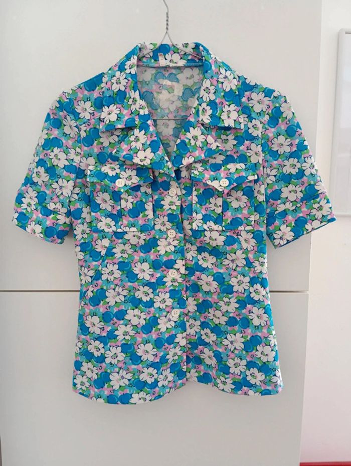 Magnifique Ensemble vintage 70's bleu fleurs roses /blanches taille 34 - photo numéro 13