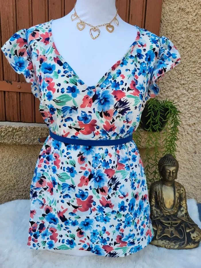 Blouse fleuri fluide blanc bleu rose shein taille 46
