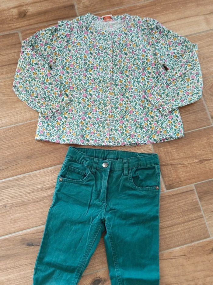 Ensemble 6 ans, jean slim vert bouteille et chemise liberty vert et rose - photo numéro 2