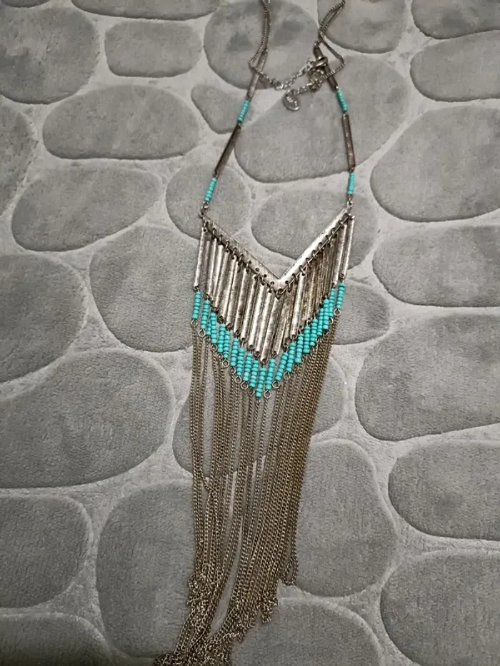 Long collier argenté et turquoise - photo numéro 5
