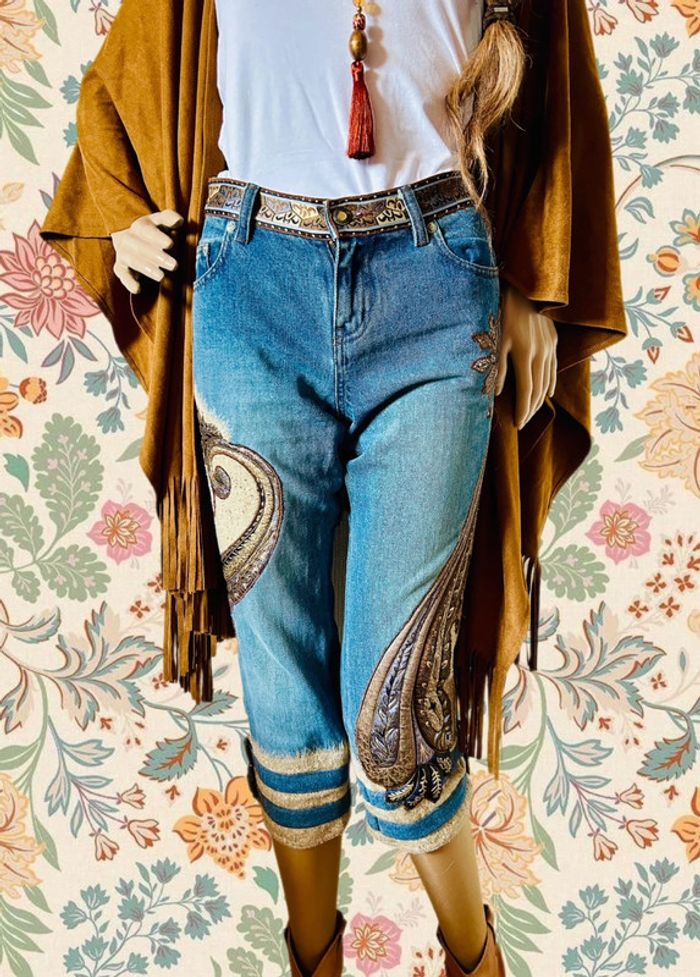 🤎🌿Jean court vintage folk hippie boho 70´s style floral paisley cropped jeans🌿🤎 - photo numéro 3