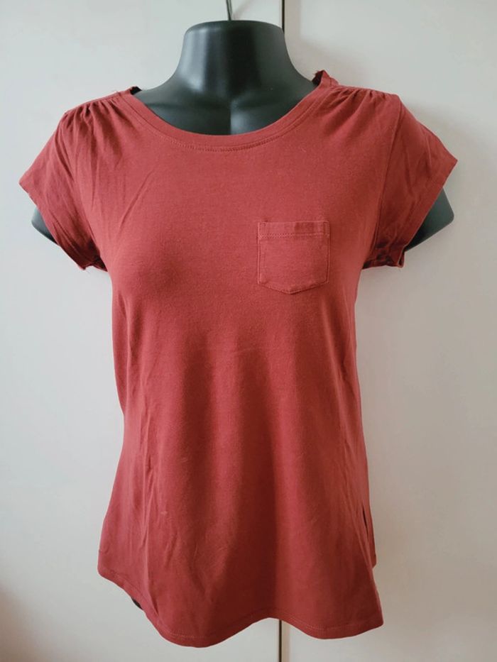 Tee shirt haut top couleur rouille rouge original épaules froufrous taille L 40 - photo numéro 2