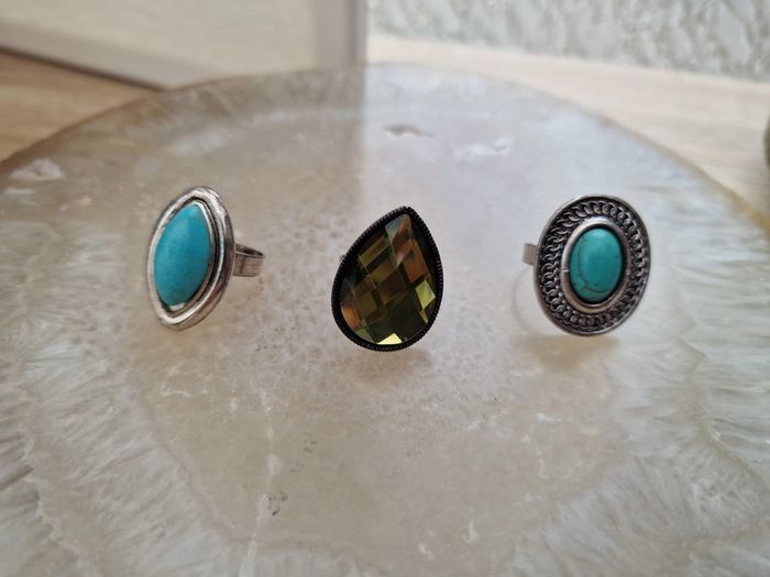 Lot 3 Bagues Réglables Argentées Turquoise Strass - photo numéro 2