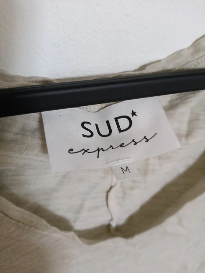 T-shirt beige col V effet froissé Sud Express M - photo numéro 4