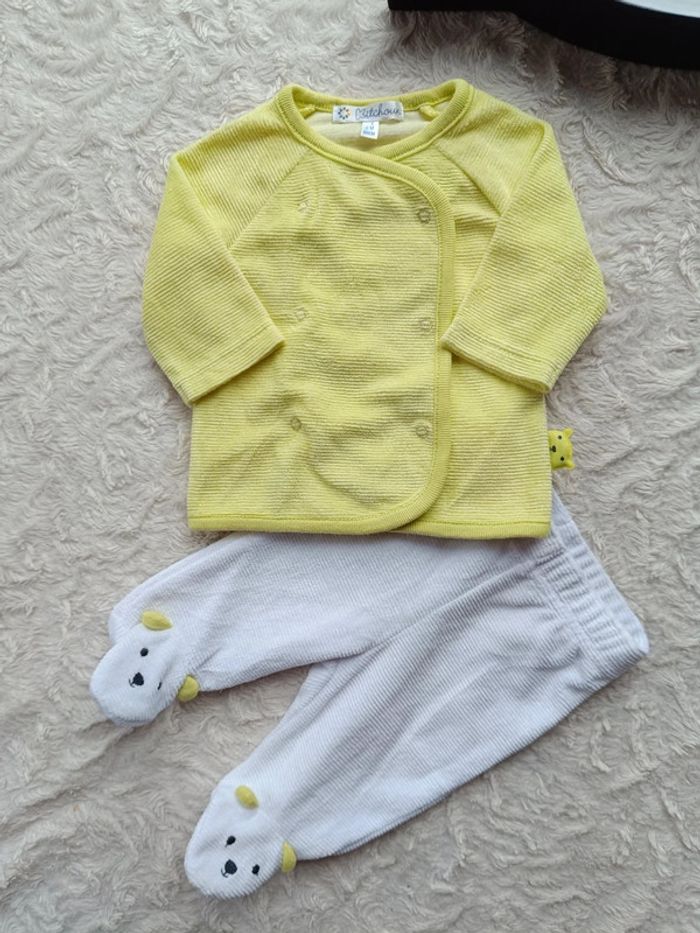 Ensemble (pyjama velours 2 pièces avec pieds 0mois/gilet velours avec capuche 1mois) Ours Kitchoun - photo numéro 2