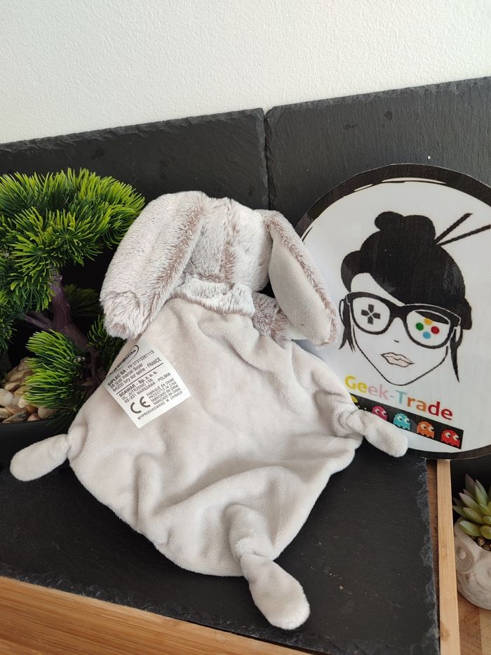 Doudou plat Lapin Ours bleu douce nuit étoiles mots d'enfants beige gris blanc - photo numéro 2