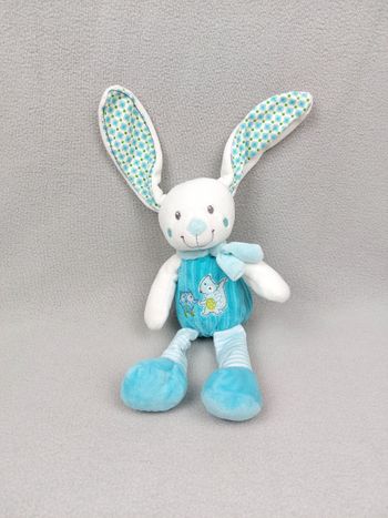 Doudou peluche lapin bleu blanc MOTS D'ENFANTS écharpe chouette écureuil