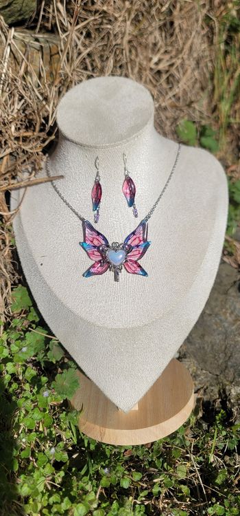 Parure elfique ensemble collier et boucles d'oreilles en argent aile de fée papillon 