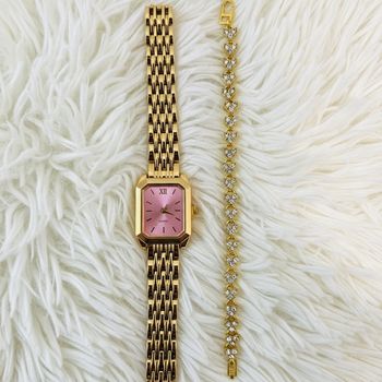 Magnifique montre élégante et bracelet pour femme – finition dorée & cadran rose ✨