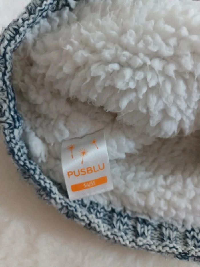 Bonnet marine & blanc avec pompon très chaud intérieur fourré polaire taille 54 / 55 - photo numéro 4