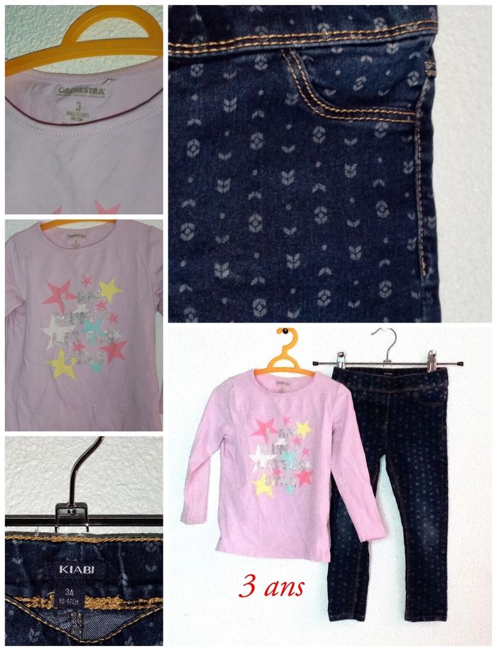 3 ans Ensemble orchestra /kiabi tee-shirts lila et jean imprimer toutes saisons /Excellent état - photo numéro 2