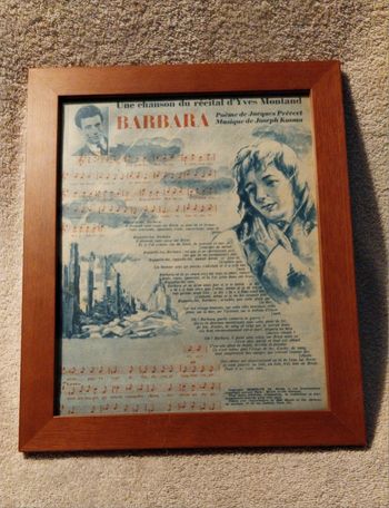 ancienne affiche sous cadre mural partition Barbara Jacques Prévert Récital Yves Montand