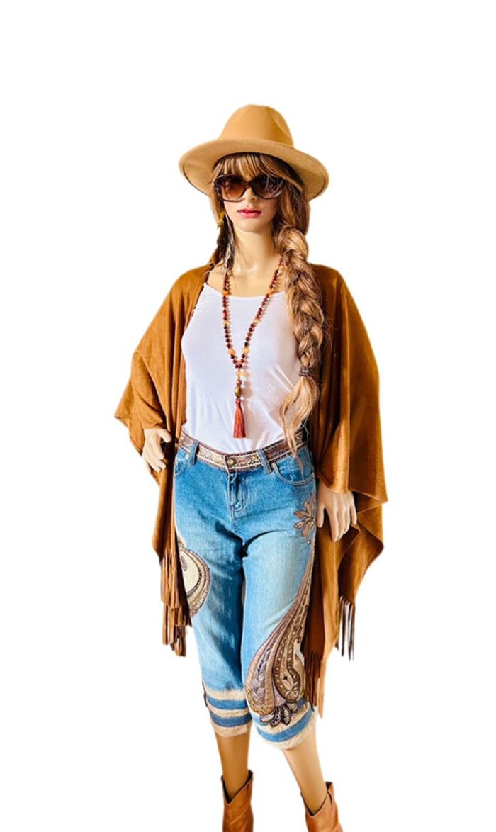 🤎🌿Jean court vintage folk hippie boho 70´s style floral paisley cropped jeans🌿🤎 - photo numéro 4