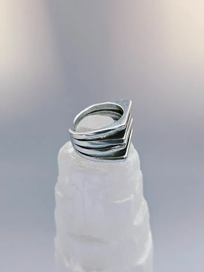 Bague Argentée Géométrique Lignes Superposées Ouverte - photo numéro 2