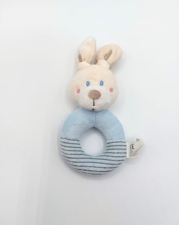 Doudou hochet lapin bleu beige écru NICOTOY SIMBA rayures 19 cm
