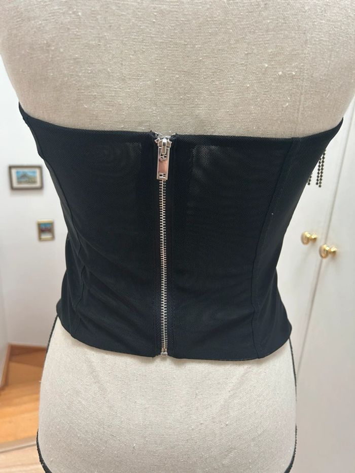 Crop top bustier  bershka noir avec franges métallique et strass - taille xs neuf - photo numéro 6