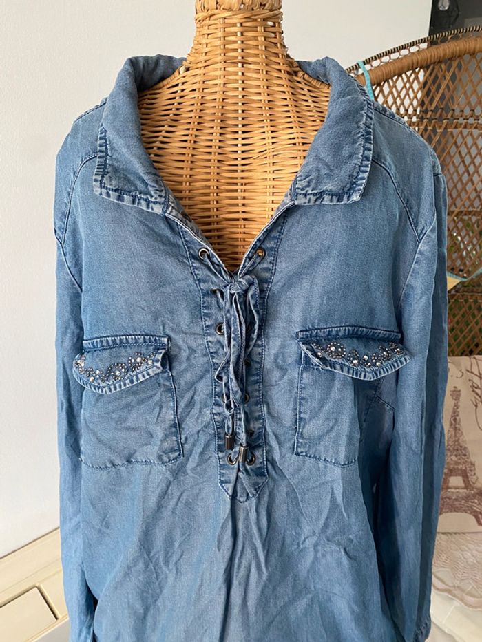 Blouse chemise jeans Bréal taille M manches longues avec strass - photo numéro 3