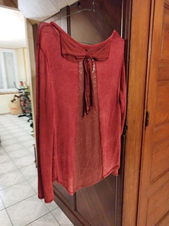 T-shirt top bordeaux sequin nœud dos y2k L/40 - photo numéro 2
