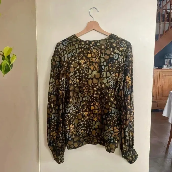 Blouse fluide imprimé léopard doré noir marron Please Taille M manches longues légères Italy V006 - photo numéro 3