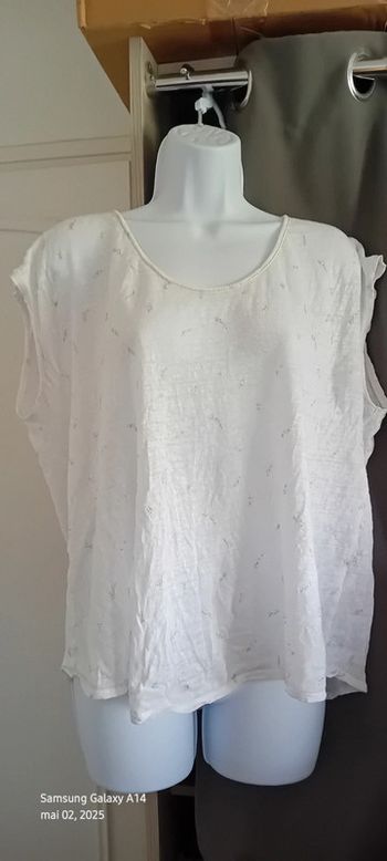 Haut manches très courtes motif fougères dorées blanc femme XL camaïeu