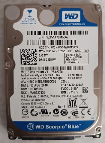 Disque Dur 320Go SATA 2.5 Western Digital WD3200BEVT 5400rpm - 75A23T0
