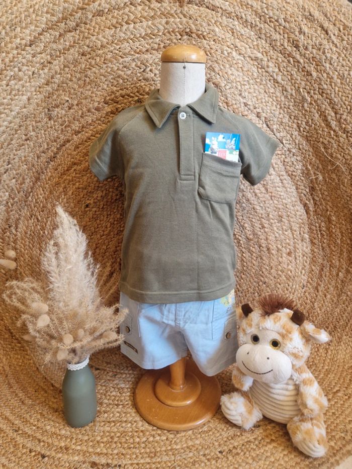 Neuf jolie ensemble polo kaki et short simba en lin disney 12 mois