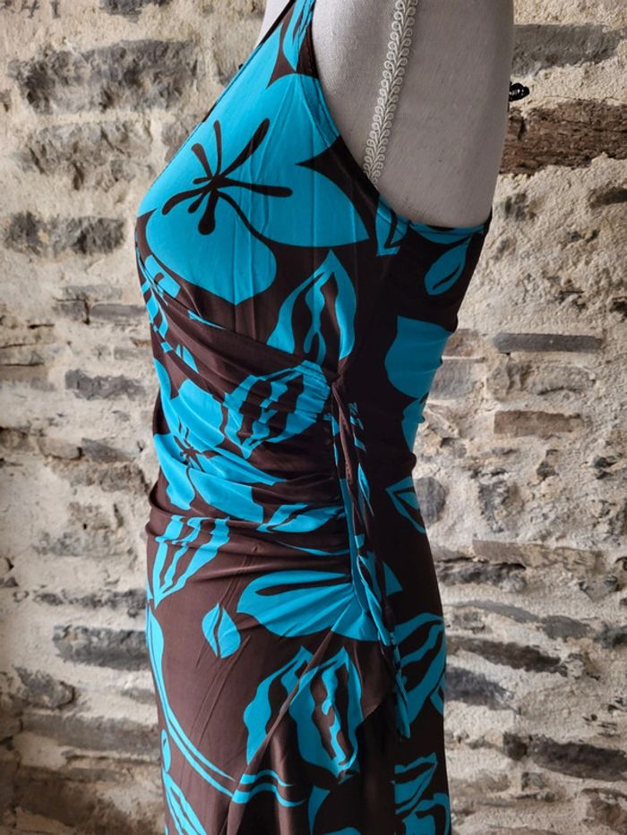 Robe longue d'été à fleurs hawaïennes turquoise marron dentelle au dos La Redoute Taille 36/38 - photo numéro 5