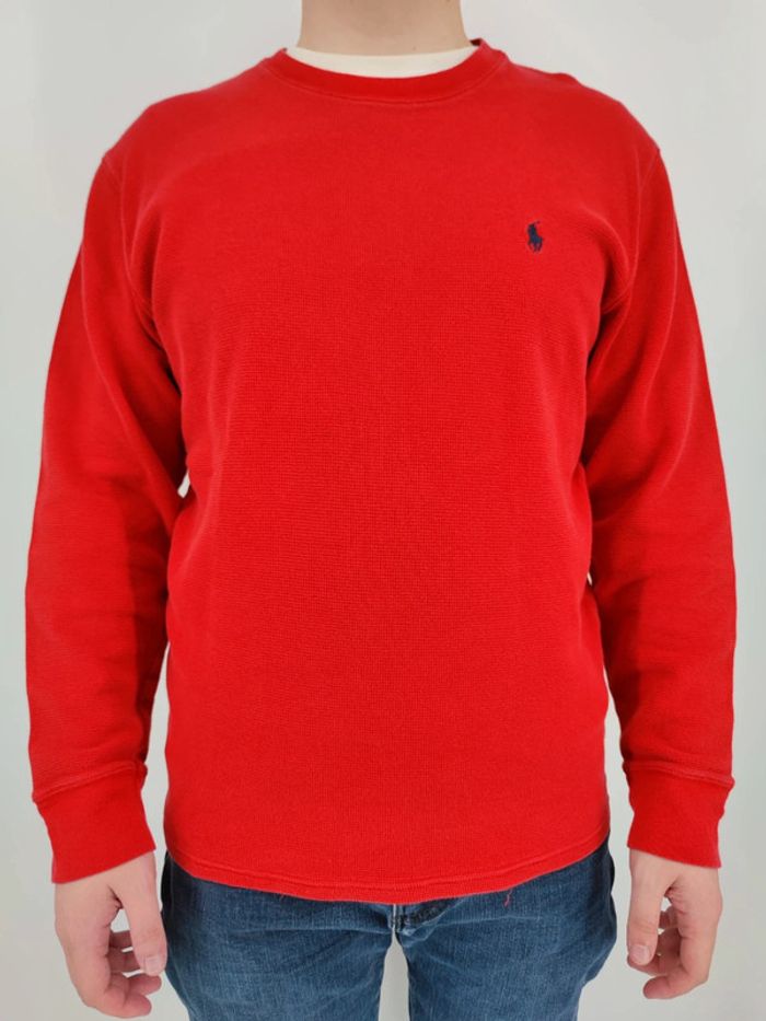 Pull Crewneck Léger Ralph Lauren Nid D'abeilles Rouge Logo Brodé Bleu Marine Taille L Homme