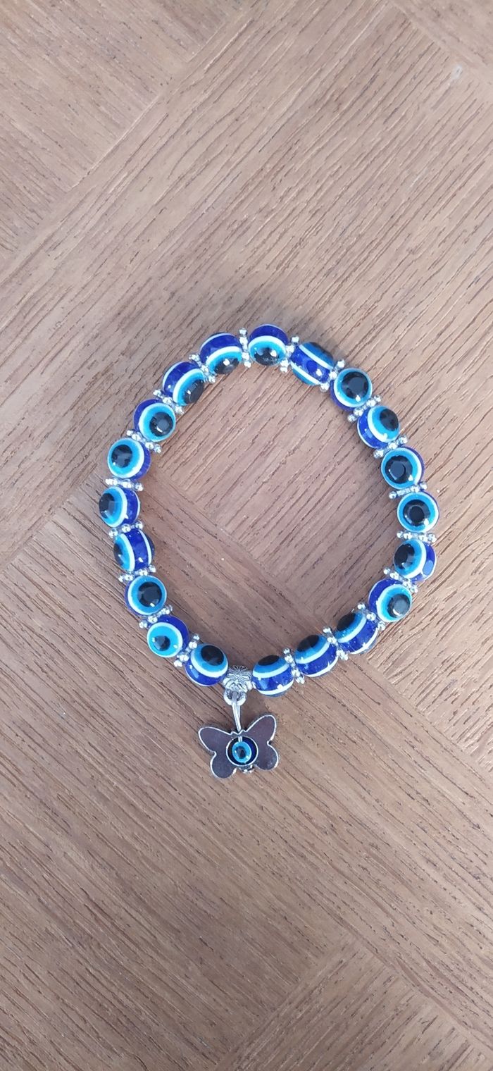 Bijoux, Bracelet, perle bleue, pendentif papillon, breloque, charme - photo numéro 2