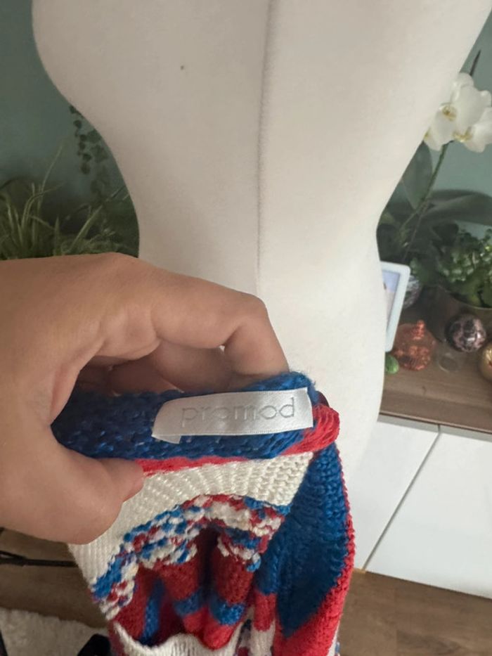 Pull en maille ajouré légère Promod taille XS rouge bleu blanc crème - photo numéro 3
