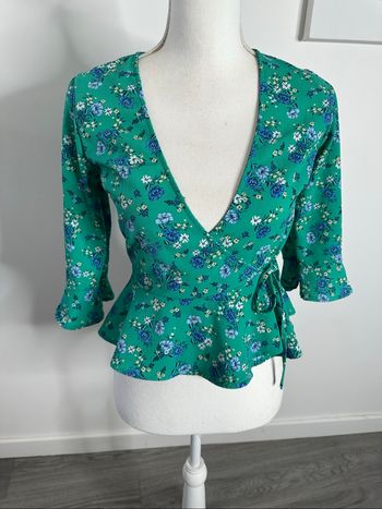 Top péplum portefeuille à fleurs vert et bleu H&M T34 XS