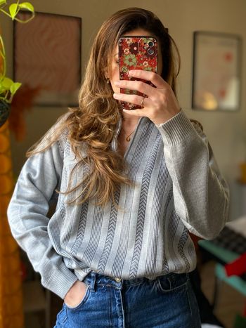 Pull gris col zip vintage texturée 90's unisexe