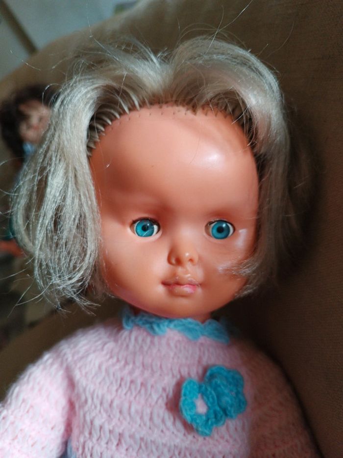 Poupée doll ancienne birgé blonde blond hair yeux eyes bleu blue robe dress tricot laine rose pink - photo numéro 2